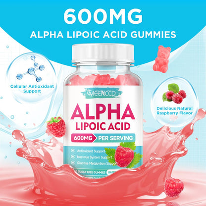 MEENCCD Alpha-Liponsäure Gummibärchen 600mg – ALA Nahrungsergänzungsmittel für antioxidative Unterstützung, Vegan, Zuckerfrei, Himbeergeschmack, 60 Stück