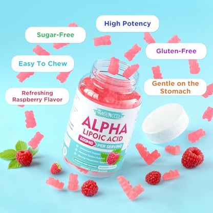 MEENCCD Alpha-Liponsäure Gummibärchen 600mg – ALA Nahrungsergänzungsmittel für antioxidative Unterstützung, Vegan, Zuckerfrei, Himbeergeschmack, 60 Stück