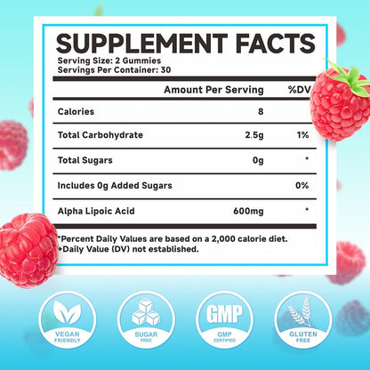 MEENCCD Alpha-Liponsäure Gummibärchen 600mg – ALA Nahrungsergänzungsmittel für antioxidative Unterstützung, Vegan, Zuckerfrei, Himbeergeschmack, 60 Stück