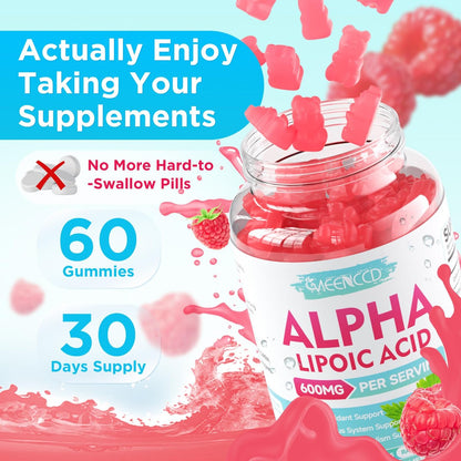 MEENCCD Alpha-Liponsäure Gummibärchen 600mg – ALA Nahrungsergänzungsmittel für antioxidative Unterstützung, Vegan, Zuckerfrei, Himbeergeschmack, 60 Stück