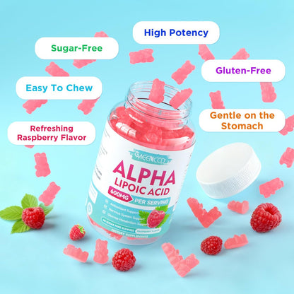 MEENCCD Alpha-Liponsäure Gummibärchen 600mg – ALA Nahrungsergänzungsmittel für antioxidative Unterstützung, Vegan, Zuckerfrei, Himbeergeschmack, 60 Stück
