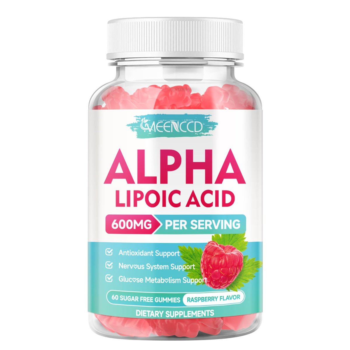 MEENCCD Alpha-Liponsäure Gummibärchen 600mg – ALA Nahrungsergänzungsmittel für antioxidative Unterstützung, Vegan, Zuckerfrei, Himbeergeschmack, 60 Stück