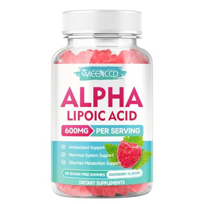 MEENCCD Alpha-Liponsäure Gummibärchen 600mg – ALA Nahrungsergänzungsmittel für antioxidative Unterstützung, Vegan, Zuckerfrei, Himbeergeschmack, 60 Stück