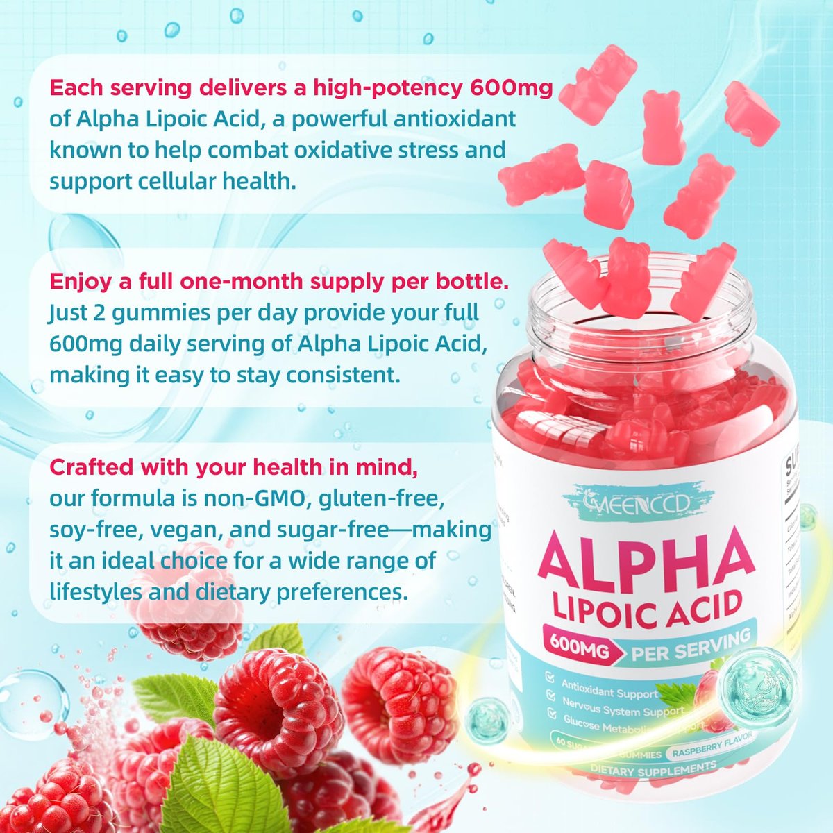 MEENCCD Alpha-Liponsäure Gummibärchen 600mg – ALA Nahrungsergänzungsmittel für antioxidative Unterstützung, Vegan, Zuckerfrei, Himbeergeschmack, 60 Stück