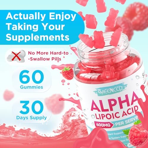 MEENCCD Alpha-Liponsäure Gummibärchen 600mg – ALA Nahrungsergänzungsmittel für antioxidative Unterstützung, Vegan, Zuckerfrei, Himbeergeschmack, 60 Stück