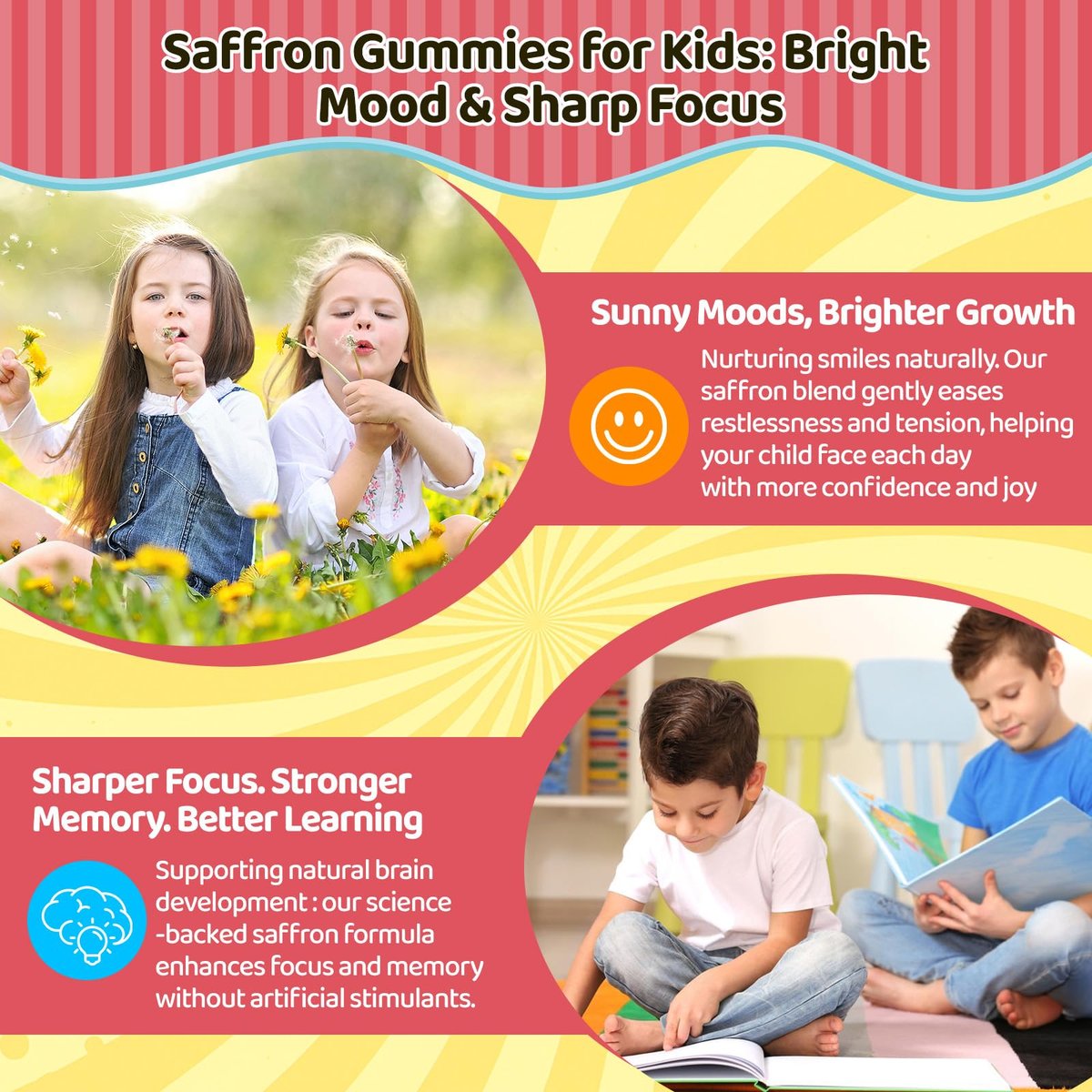 Liposomale Safran Gummis für Kinder ab 4 Jahren – Safranpräparat mit Heiligem Basilikum, Rosmarin, Magnesiumglycinat, Omega-3 und mehr – zur Unterstützung der Gehirnkonzentration – vegan, biologisch, zuckerfrei – 60 Kaubonbons