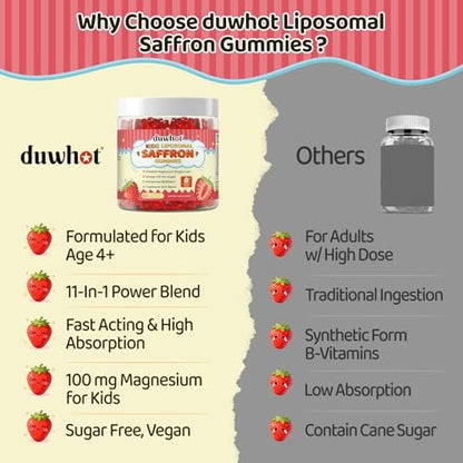 Liposomale Safran Gummis für Kinder ab 4 Jahren – Safranpräparat mit Heiligem Basilikum, Rosmarin, Magnesiumglycinat, Omega-3 und mehr – zur Unterstützung der Gehirnkonzentration – vegan, biologisch, zuckerfrei – 60 Kaubonbons