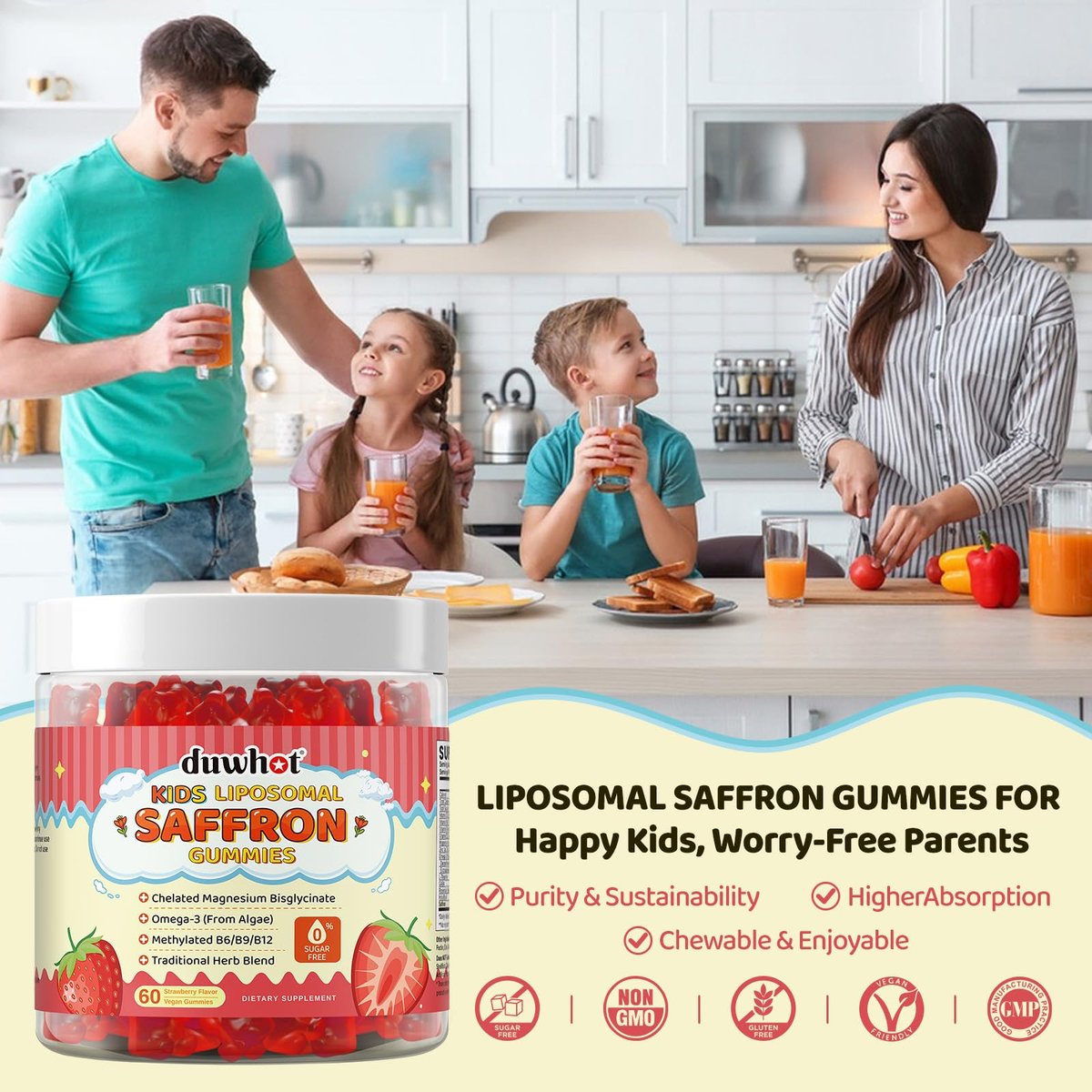 Liposomale Safran Gummis für Kinder ab 4 Jahren – Safranpräparat mit Heiligem Basilikum, Rosmarin, Magnesiumglycinat, Omega-3 und mehr – zur Unterstützung der Gehirnkonzentration – vegan, biologisch, zuckerfrei – 60 Kaubonbons