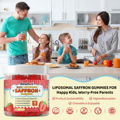 Liposomale Safran Gummis für Kinder ab 4 Jahren – Safranpräparat mit Heiligem Basilikum, Rosmarin, Magnesiumglycinat, Omega-3 und mehr – zur Unterstützung der Gehirnkonzentration – vegan, biologisch, zuckerfrei – 60 Kaubonbons