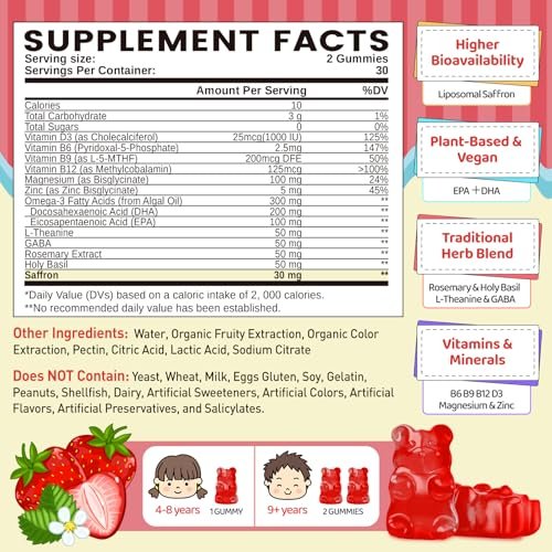 Liposomale Safran Gummis für Kinder ab 4 Jahren – Safranpräparat mit Heiligem Basilikum, Rosmarin, Magnesiumglycinat, Omega-3 und mehr – zur Unterstützung der Gehirnkonzentration – vegan, biologisch, zuckerfrei – 60 Kaubonbons