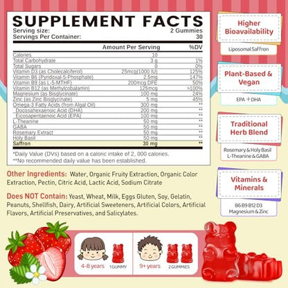 Liposomale Safran Gummis für Kinder ab 4 Jahren – Safranpräparat mit Heiligem Basilikum, Rosmarin, Magnesiumglycinat, Omega-3 und mehr – zur Unterstützung der Gehirnkonzentration – vegan, biologisch, zuckerfrei – 60 Kaubonbons