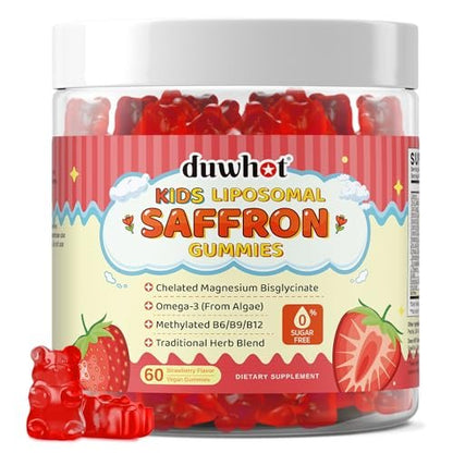 Liposomale Safran Gummis für Kinder ab 4 Jahren – Safranpräparat mit Heiligem Basilikum, Rosmarin, Magnesiumglycinat, Omega-3 und mehr – zur Unterstützung der Gehirnkonzentration – vegan, biologisch, zuckerfrei – 60 Kaubonbons