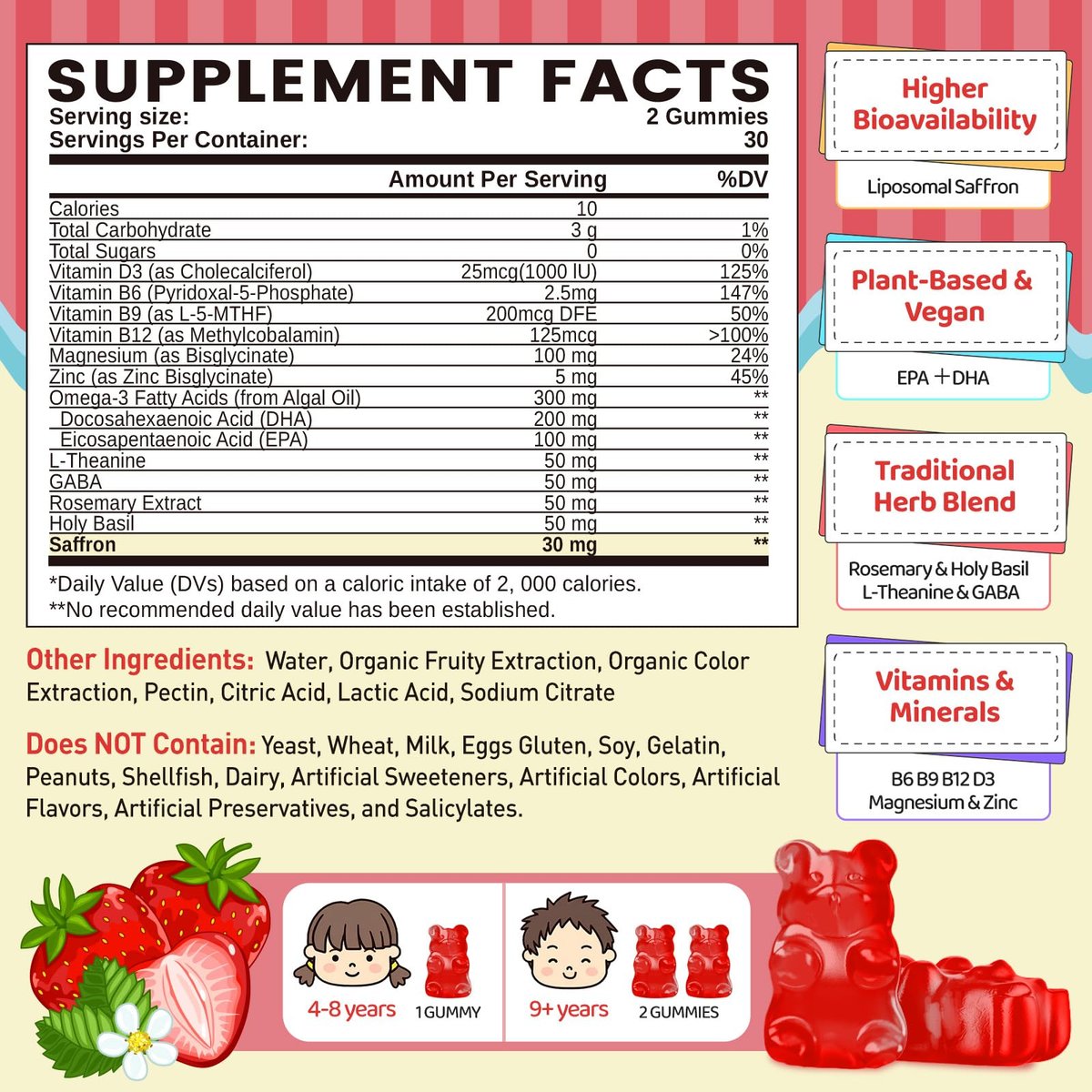 Liposomale Safran Gummis für Kinder ab 4 Jahren – Safranpräparat mit Heiligem Basilikum, Rosmarin, Magnesiumglycinat, Omega-3 und mehr – zur Unterstützung der Gehirnkonzentration – vegan, biologisch, zuckerfrei – 60 Kaubonbons