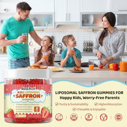 Liposomale Safran Gummis für Kinder ab 4 Jahren – Safranpräparat mit Heiligem Basilikum, Rosmarin, Magnesiumglycinat, Omega-3 und mehr – zur Unterstützung der Gehirnkonzentration – vegan, biologisch, zuckerfrei – 60 Kaubonbons