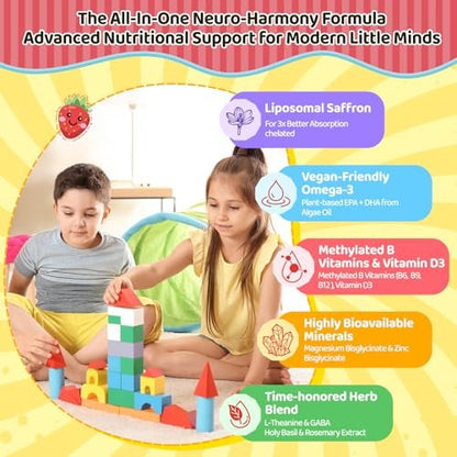 Liposomale Safran Gummis für Kinder ab 4 Jahren – Safranpräparat mit Heiligem Basilikum, Rosmarin, Magnesiumglycinat, Omega-3 und mehr – zur Unterstützung der Gehirnkonzentration – vegan, biologisch, zuckerfrei – 60 Kaubonbons