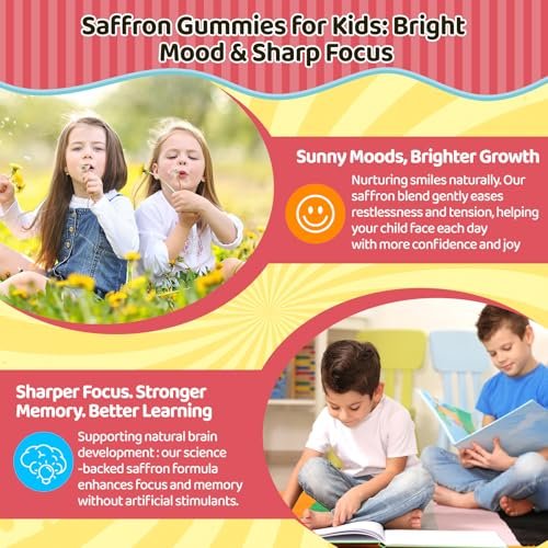 Liposomale Safran Gummis für Kinder ab 4 Jahren – Safranpräparat mit Heiligem Basilikum, Rosmarin, Magnesiumglycinat, Omega-3 und mehr – zur Unterstützung der Gehirnkonzentration – vegan, biologisch, zuckerfrei – 60 Kaubonbons