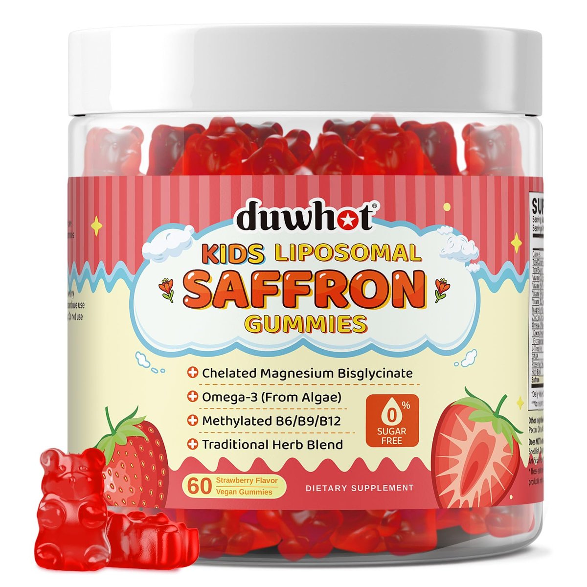 Liposomale Safran Gummis für Kinder ab 4 Jahren – Safranpräparat mit Heiligem Basilikum, Rosmarin, Magnesiumglycinat, Omega-3 und mehr – zur Unterstützung der Gehirnkonzentration – vegan, biologisch, zuckerfrei – 60 Kaubonbons