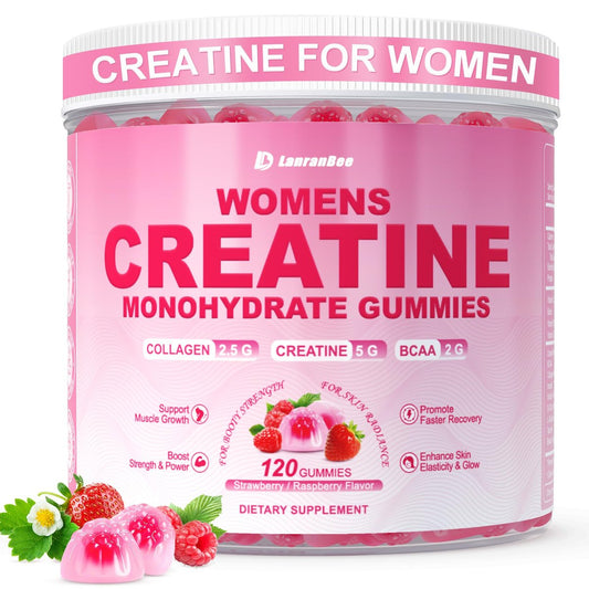 Creatin für Frauen: Monohydrat-Gummis mit Kollagen, BCAA, L-Carnitin & Taurin, Erdbeergeschmack, Zuckerfrei, 120 Stück – Energie & Muskelkraft