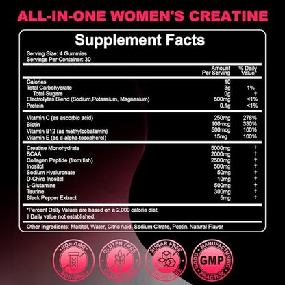 Creatin für Frauen: Monohydrat-Gummis mit Kollagen, BCAA, L-Carnitin & Taurin, Erdbeergeschmack, Zuckerfrei, 120 Stück – Energie & Muskelkraft