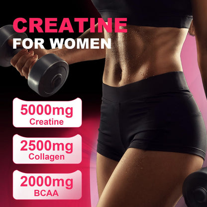 Creatin für Frauen: Monohydrat-Gummis mit Kollagen, BCAA, L-Carnitin & Taurin, Erdbeergeschmack, Zuckerfrei, 120 Stück – Energie & Muskelkraft