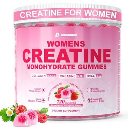 Creatin für Frauen: Monohydrat-Gummis mit Kollagen, BCAA, L-Carnitin & Taurin, Erdbeergeschmack, Zuckerfrei, 120 Stück – Energie & Muskelkraft