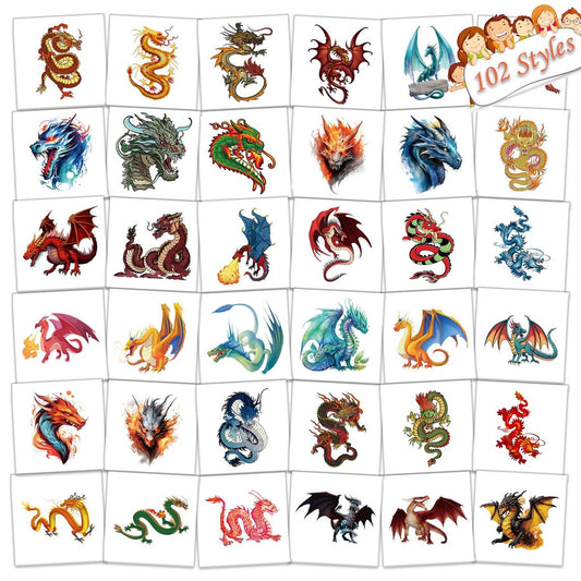 102 Stück einzeln verpackte Drachen-Tattoos für Kinder - Temporäre Drachen-Tattoos für Mädchen und Jungen, Körper, Arm, Schulter, niedliche Aufkleber, Geburtstagsparty-Zubehör, Geschenke für Kinder