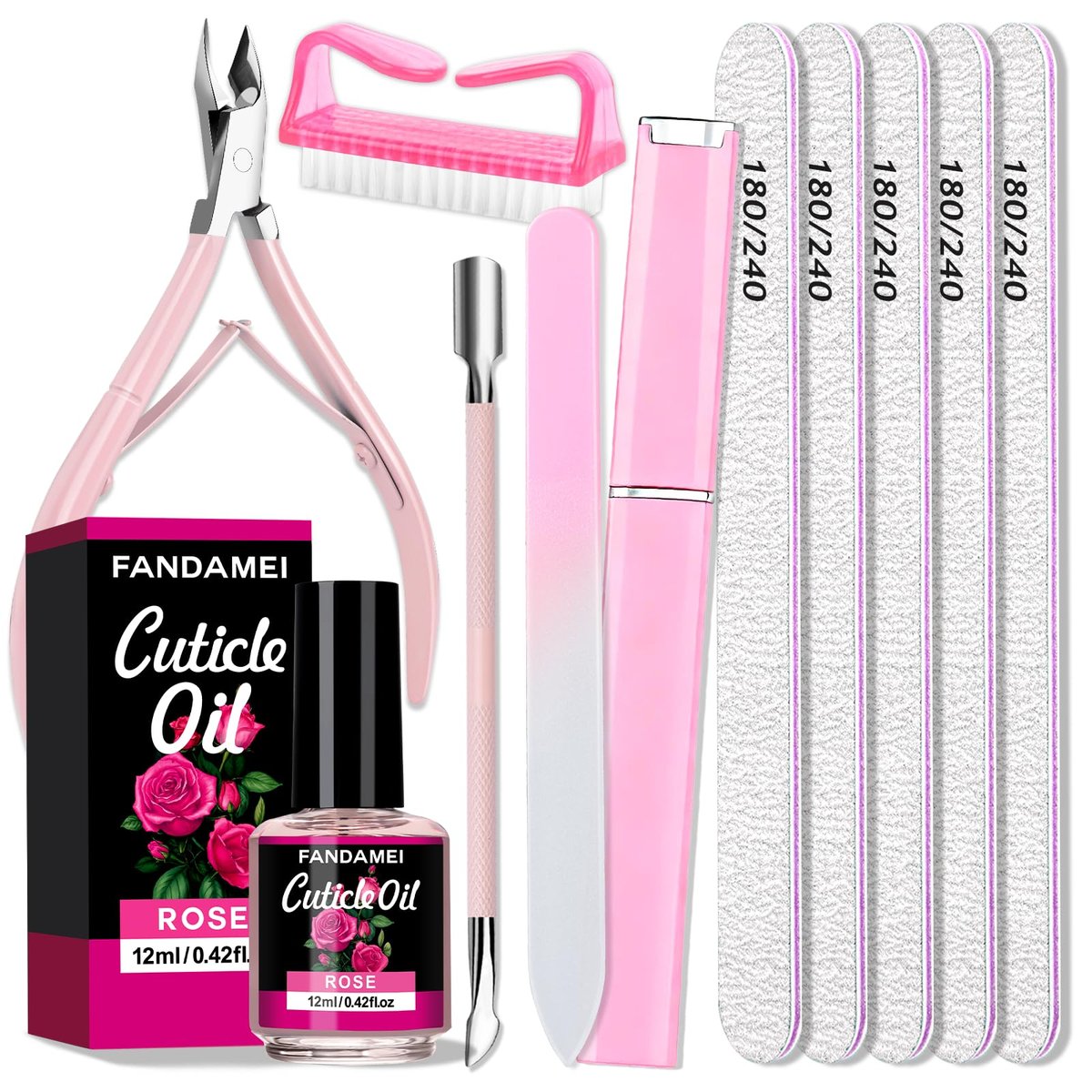 FANDAMEI Maniküre-Set für Frauen – Nagelpflege-Set mit Glasfeile, 5x 180/240 Grit Nagelfeilen, Nagelhautöl, Nagelhautschneider, Nagelhautschieber, Maniküre-Set, Nagel-Vorbereitungs-Set
