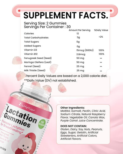Lactation Support Gummies – Kräutermischung mit Bockshornklee, Moringa & Fenchel – Postnatale vegane Vitamine B12 & D3 – Natürlicher Milchbildung-Booster für stillende Mütter – Himbeergeschmack, 60 Gummis
