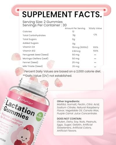 Lactation Support Gummies – Kräutermischung mit Bockshornklee, Moringa & Fenchel – Postnatale vegane Vitamine B12 & D3 – Natürlicher Milchbildung-Booster für stillende Mütter – Himbeergeschmack, 60 Gummis