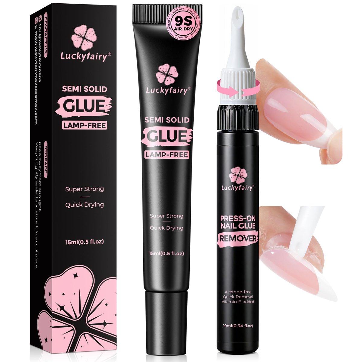 Luckyfairy 15g Nagelkleber für Press-On-Nägel mit 10ml Nagelkleber-Entferner, schnell trocknender, superstarker halbfester Kleber, kein Aushärten mit Lampe erforderlich, sanfter, acetonfreier Nagellackentferner
