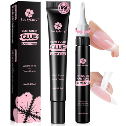 Luckyfairy 15g Nagelkleber für Press-On-Nägel mit 10ml Nagelkleber-Entferner, schnell trocknender, superstarker halbfester Kleber, kein Aushärten mit Lampe erforderlich, sanfter, acetonfreier Nagellackentferner
