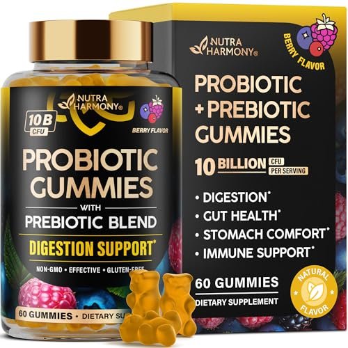 Probiotische Gummibärchen 10B KBE mit Präbiotischen Fasern - Verdauungs- & Immununterstützung - Entblähung, Magen- & Darmkomfort - Probiotika für Frauen & Männer - Natürlicher Beerengeschmack - Vegan & Zuckerfrei - 60 Gummibärchen