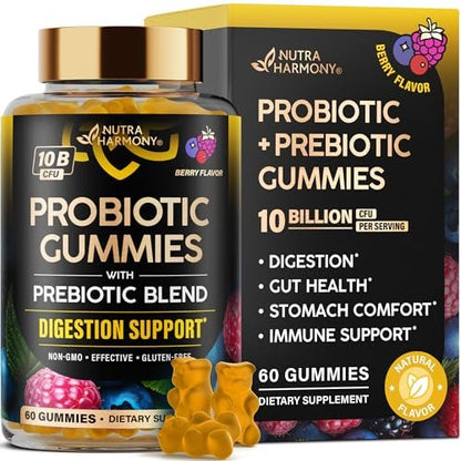 Probiotische Gummibärchen 10B KBE mit Präbiotischen Fasern - Verdauungs- & Immununterstützung - Entblähung, Magen- & Darmkomfort - Probiotika für Frauen & Männer - Natürlicher Beerengeschmack - Vegan & Zuckerfrei - 60 Gummibärchen