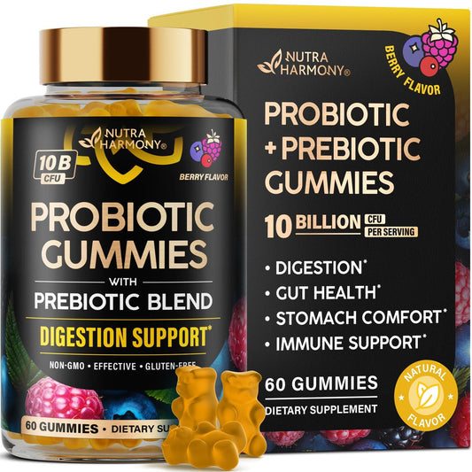 Probiotische Gummibärchen 10B KBE mit Präbiotischen Fasern - Verdauungs- & Immununterstützung - Entblähung, Magen- & Darmkomfort - Probiotika für Frauen & Männer - Natürlicher Beerengeschmack - Vegan & Zuckerfrei - 60 Gummibärchen