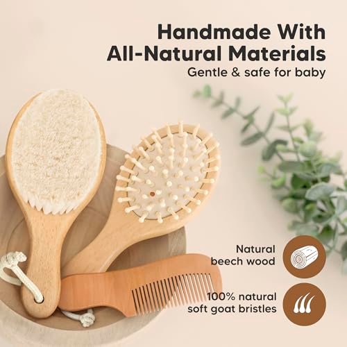 Baby Haarbürsten-Set für Neugeborene – Weiche Ziegenhaar-Bürste und Kamm aus Holz, Sanftes Pflegeset für Milchschorf, Langlebig & Schonend, Unisex, Baby-Grundausstattung (Klein, Walnuss)