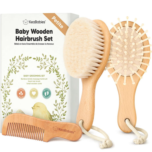 Baby Haarbürsten-Set für Neugeborene – Weiche Ziegenhaar-Bürste und Kamm aus Holz, Sanftes Pflegeset für Milchschorf, Langlebig & Schonend, Unisex, Baby-Grundausstattung (Klein, Walnuss)