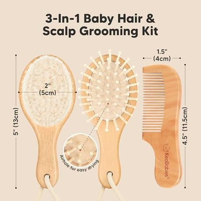 Baby Haarbürsten-Set für Neugeborene – Weiche Ziegenhaar-Bürste und Kamm aus Holz, Sanftes Pflegeset für Milchschorf, Langlebig & Schonend, Unisex, Baby-Grundausstattung (Klein, Walnuss)