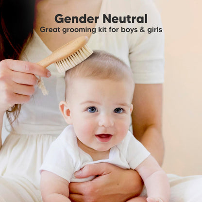 Baby Haarbürsten-Set für Neugeborene – Weiche Ziegenhaar-Bürste und Kamm aus Holz, Sanftes Pflegeset für Milchschorf, Langlebig & Schonend, Unisex, Baby-Grundausstattung (Klein, Walnuss)