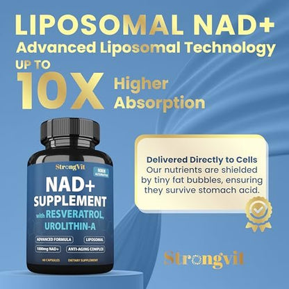 StrongVit NAD Resveratrol Supplement für Frauen & Männer – Unterstützt Zellgesundheit, Energie & gesundes Altern – Hochwirksame Mischung, drittanbieter-getestet in den USA (60 Kapseln)