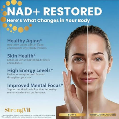 StrongVit NAD Resveratrol Supplement für Frauen & Männer – Unterstützt Zellgesundheit, Energie & gesundes Altern – Hochwirksame Mischung, drittanbieter-getestet in den USA (60 Kapseln)