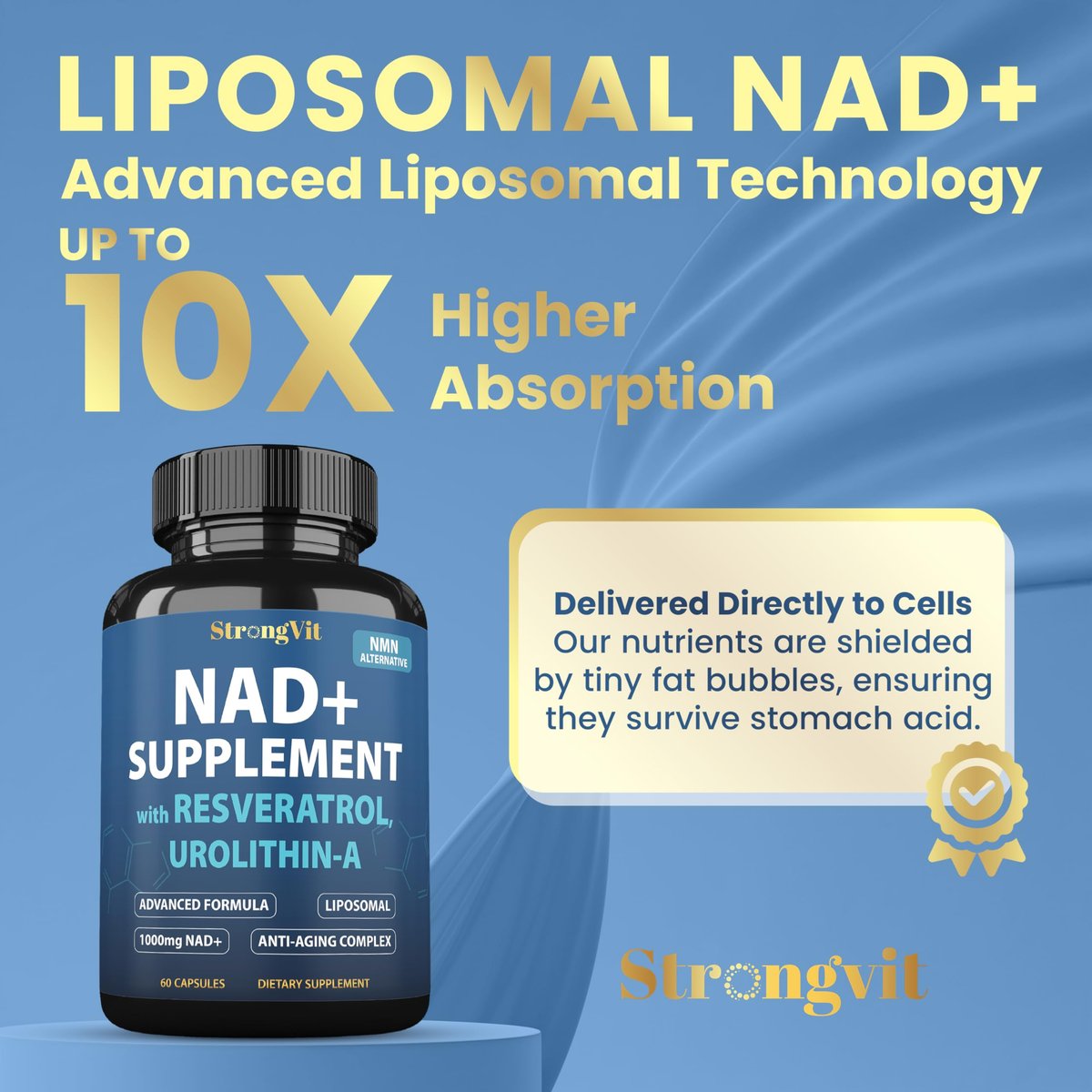 StrongVit NAD Resveratrol Supplement für Frauen & Männer – Unterstützt Zellgesundheit, Energie & gesundes Altern – Hochwirksame Mischung, drittanbieter-getestet in den USA (60 Kapseln)