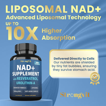 StrongVit NAD Resveratrol Supplement für Frauen & Männer – Unterstützt Zellgesundheit, Energie & gesundes Altern – Hochwirksame Mischung, drittanbieter-getestet in den USA (60 Kapseln)