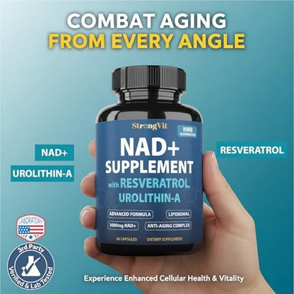 StrongVit NAD Resveratrol Supplement für Frauen & Männer – Unterstützt Zellgesundheit, Energie & gesundes Altern – Hochwirksame Mischung, drittanbieter-getestet in den USA (60 Kapseln)