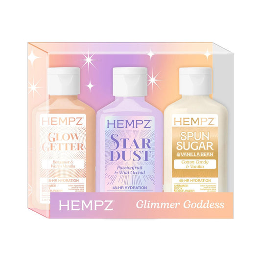 Hempz Mini Shimmer Lotion Set – Gold, Silber & Roségold Feuchtigkeitscreme, Glimmer Goddess Reise-Set, 3er-Pack, 2,25 oz, TSA-geprüft