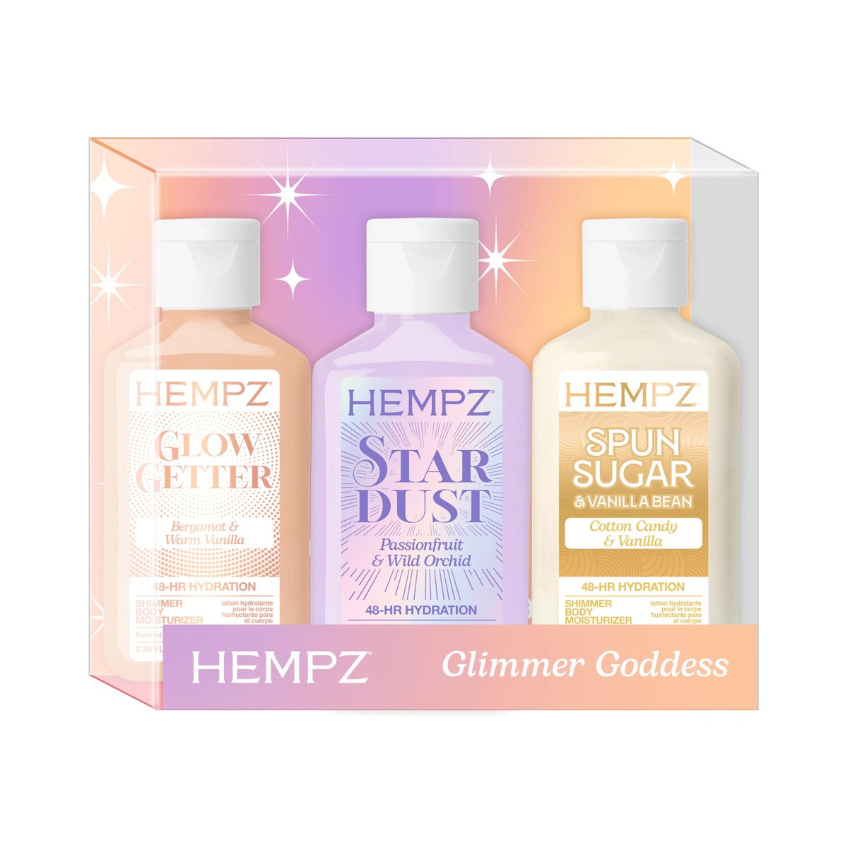 Hempz Mini Shimmer Lotion Set – Gold, Silber & Roségold Feuchtigkeitscreme, Glimmer Goddess Reise-Set, 3er-Pack, 2,25 oz, TSA-geprüft