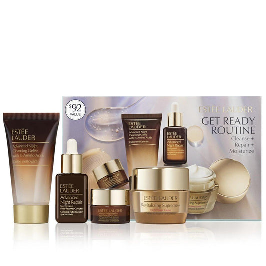 Estée Lauder Get Ready Routine 4-teiliges Hautpflege-Set | Reinigen + Reparieren + Feuchtigkeit | Inklusive Reiniger 30 ml, Augencreme 5 ml, Gesichtsserum 15 ml & Feuchtigkeitscreme 7 ml
