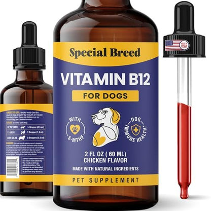 Special Breed Flüssiges Vitamin B12 für Hunde – Methylcobalamin und 5-MTHF – Steigert Energie, Appetit, Stimmung & Immunsystem – Einfach zu verwendender Tropfer – Hühnergeschmack, 60 ml