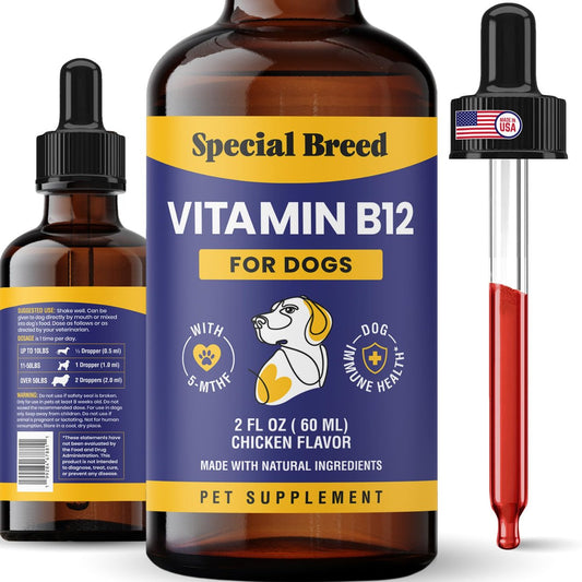 Special Breed Flüssiges Vitamin B12 für Hunde – Methylcobalamin und 5-MTHF – Steigert Energie, Appetit, Stimmung & Immunsystem – Einfach zu verwendender Tropfer – Hühnergeschmack, 60 ml