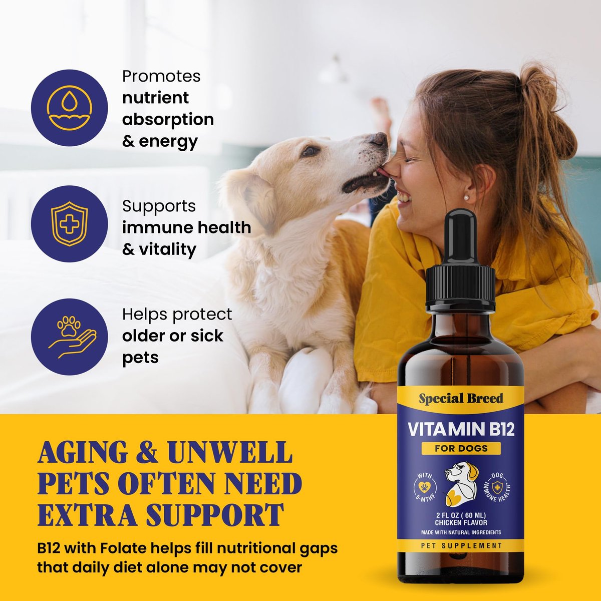 Special Breed Flüssiges Vitamin B12 für Hunde – Methylcobalamin und 5-MTHF – Steigert Energie, Appetit, Stimmung & Immunsystem – Einfach zu verwendender Tropfer – Hühnergeschmack, 60 ml