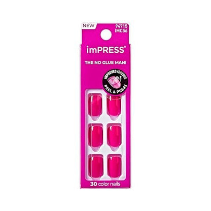 Kiss imPRESS Kein Kleber Maniküre Press-On Nägel, Farbe 'All Smiles', Pink, Kurze Länge, Squoval-Form, 30 Nägel, Vorbereitungspad, Anleitung, Manikürestab, Mini-Feile